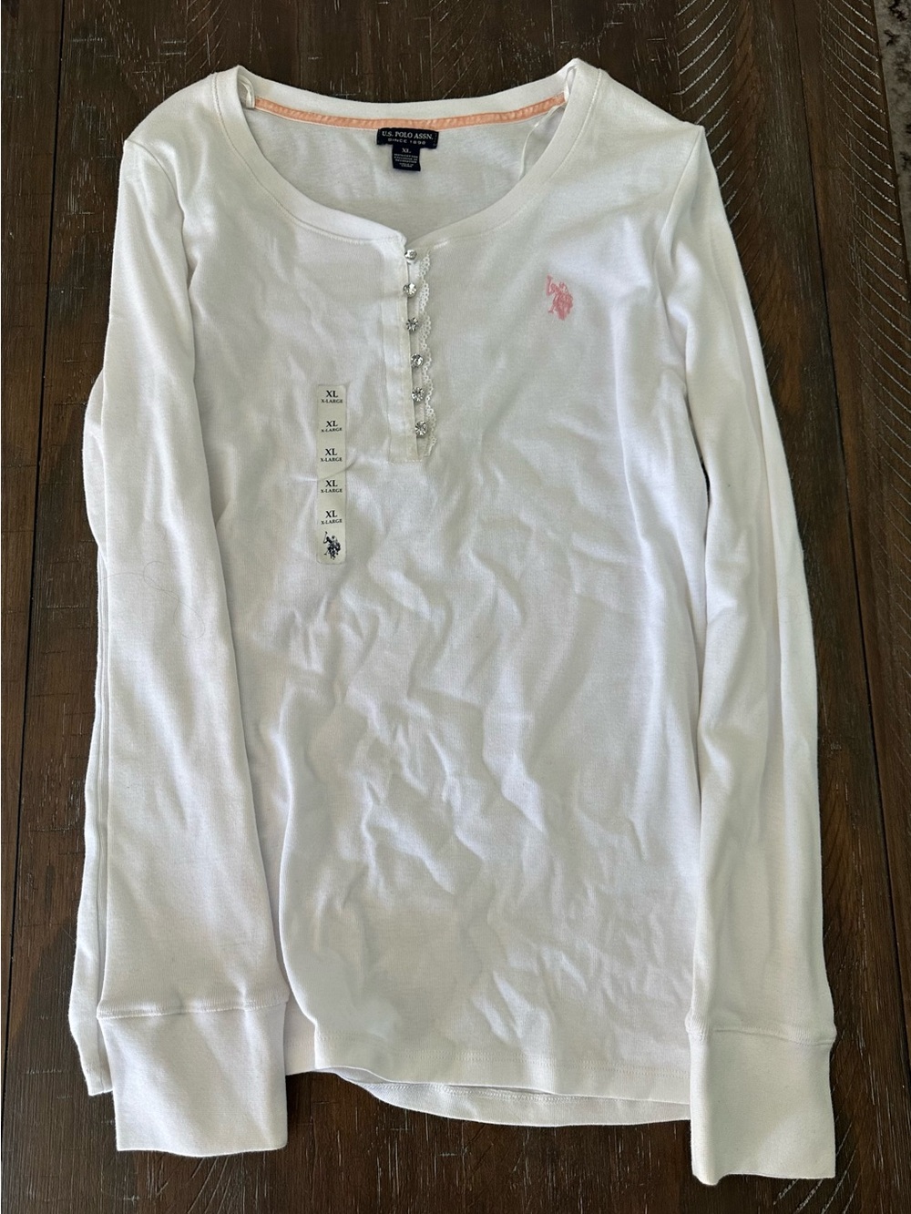 US Polo Assn White Henley with Pink Pony Embroidery and Rhinestone Buttons - XL